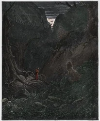 Inferno, sång 1: Lejonet konfronterar plötsligt Dante, illustration ur Den gudomliga komedin av Dante Alighieri, 1885
